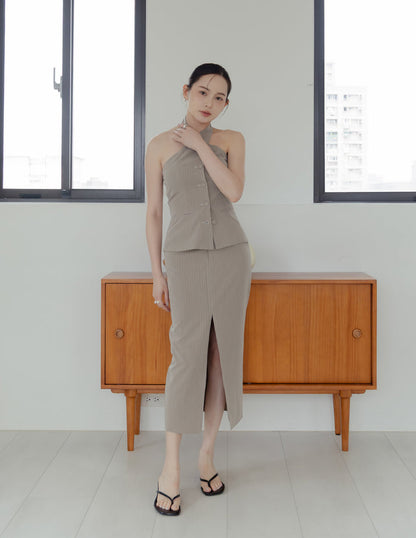 Yara Pinstripe Midi Skirt in Taupe