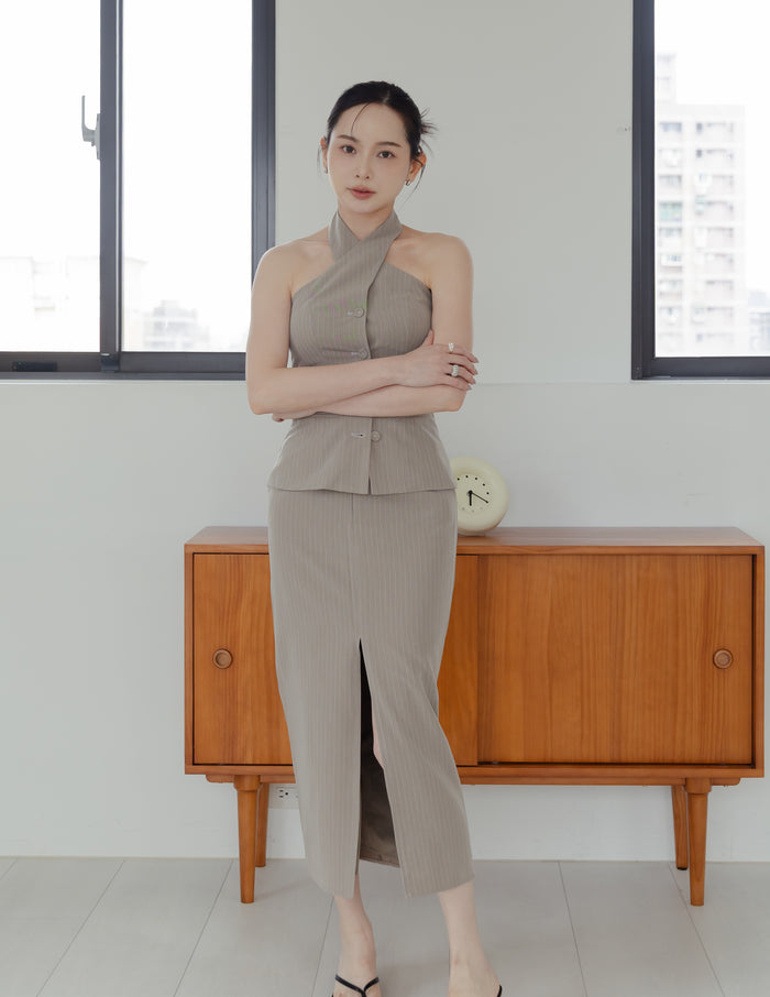 Yara Pinstripe Midi Skirt in Taupe