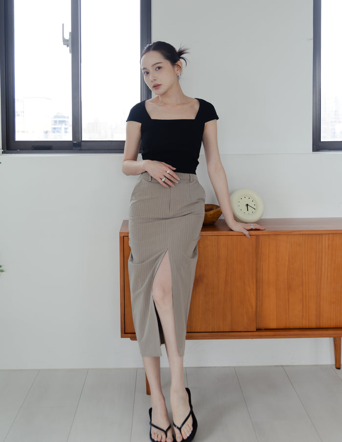 Yara Pinstripe Midi Skirt in Taupe