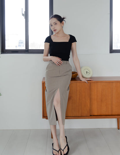 Yara Pinstripe Midi Skirt in Taupe