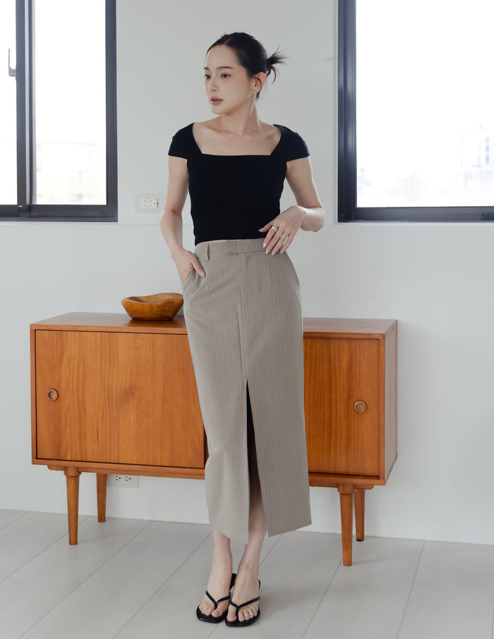 Yara Pinstripe Midi Skirt in Taupe