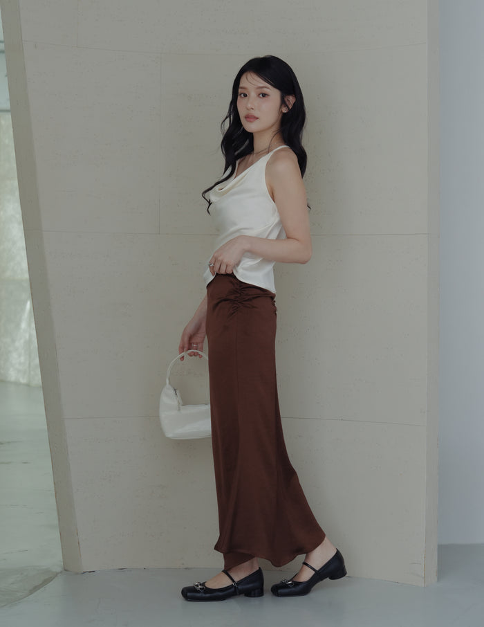 Zahra Ruched Satin Skirt in Brown