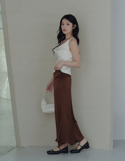 Zahra Ruched Satin Skirt in Brown