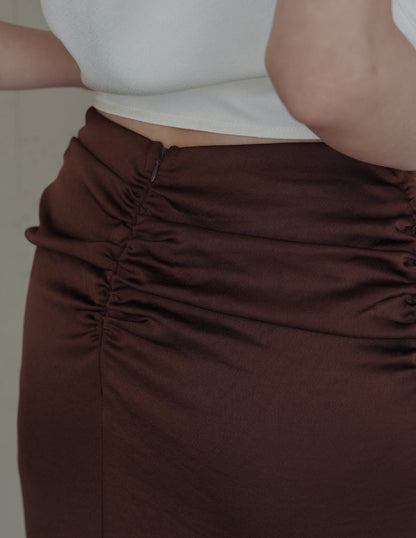 Zahra Ruched Satin Skirt in Brown