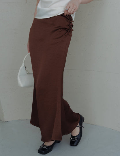 Zahra Ruched Satin Skirt in Brown