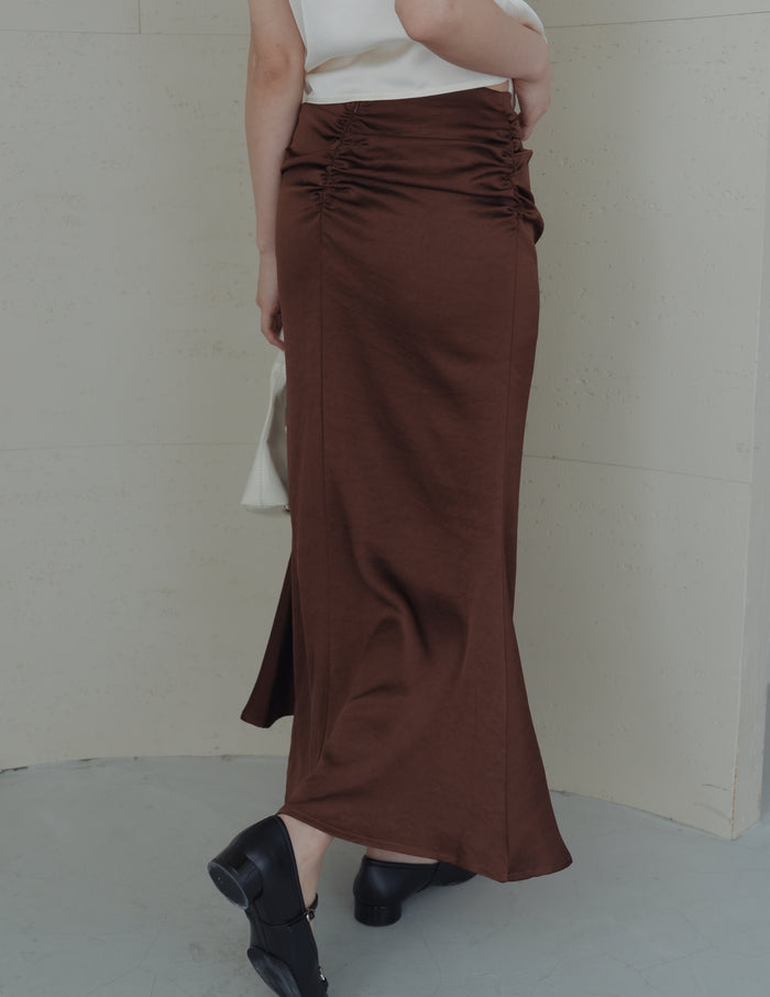 Zahra Ruched Satin Skirt in Brown