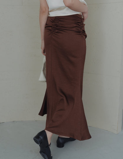 Zahra Ruched Satin Skirt in Brown