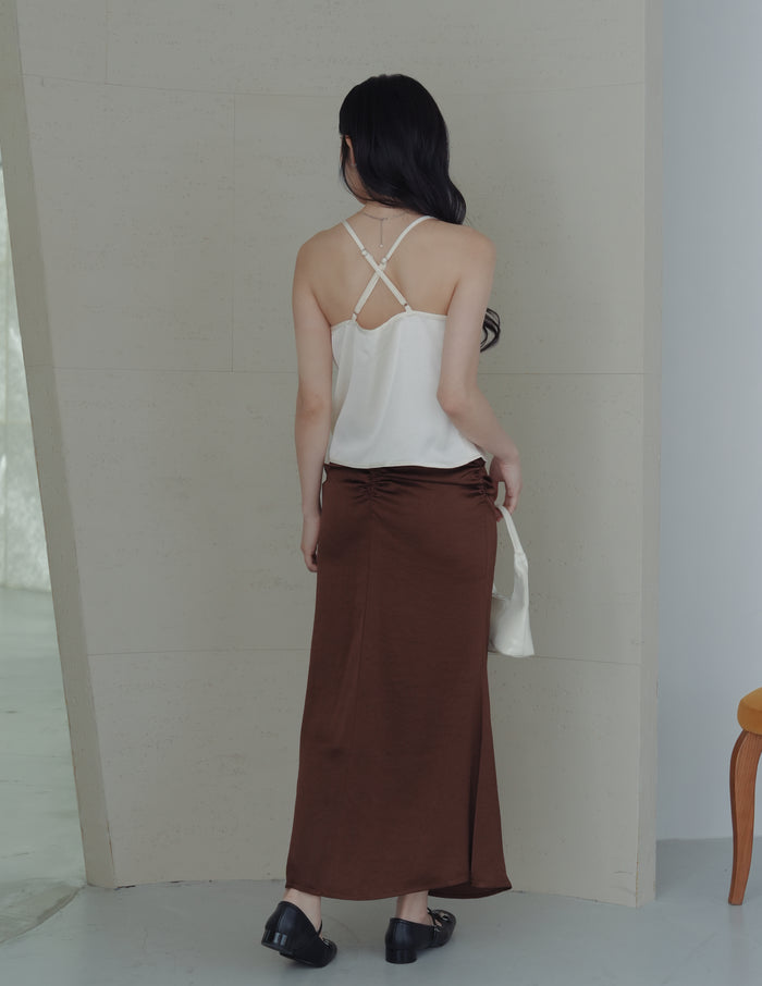 Zahra Ruched Satin Skirt in Brown