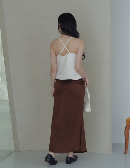 Zahra Ruched Satin Skirt in Brown